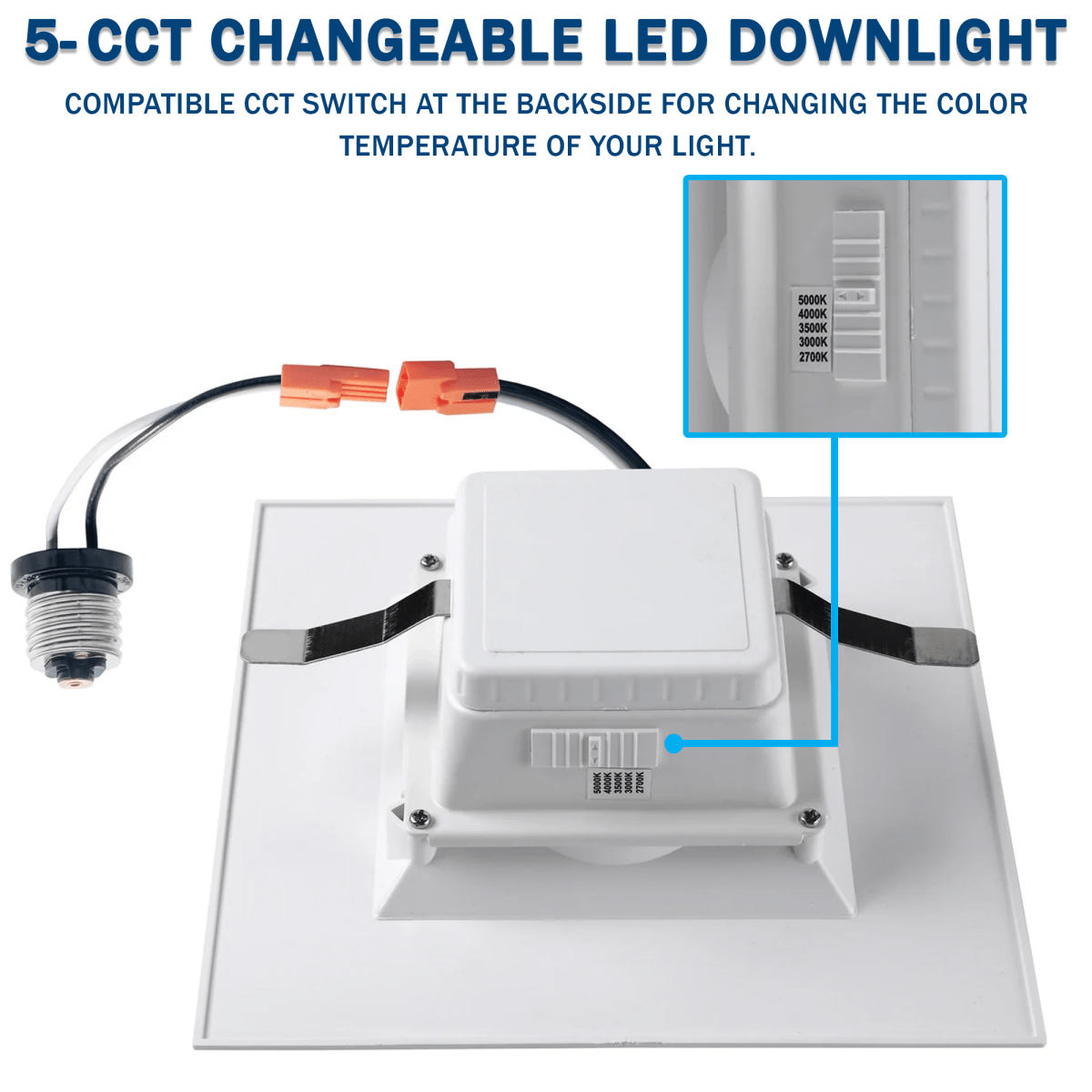 4" Square LED Downlight, 10W, 5CCT Changeable: 2700K/3000K/3500K/4000K/5000K, 120V AC, Baffle Aluminum Trim, Damp Rated - BUILDMYPLACE