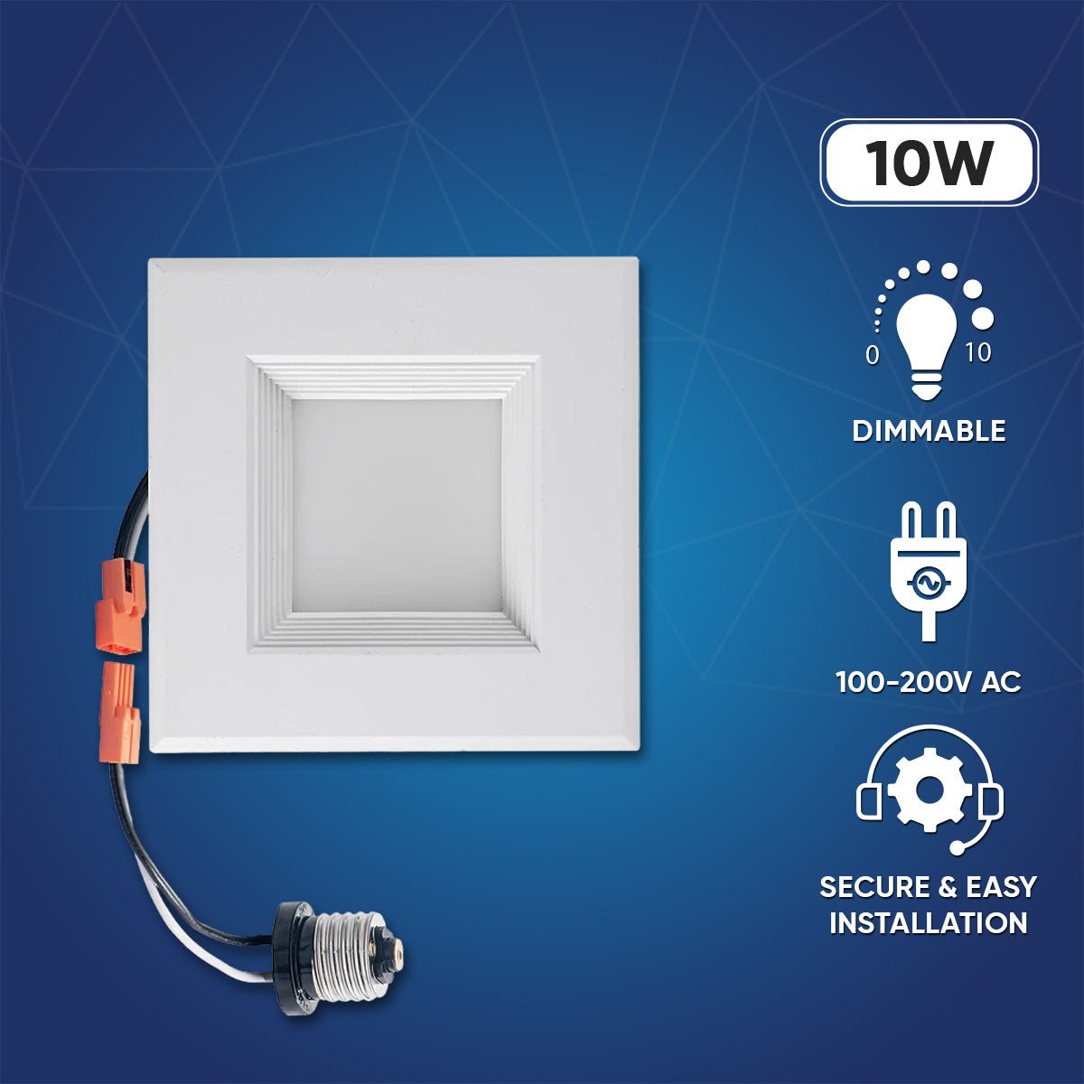 4" Square LED Downlight, 10W, 5CCT Changeable: 2700K/3000K/3500K/4000K/5000K, 120V AC, Baffle Aluminum Trim, Damp Rated - BUILDMYPLACE