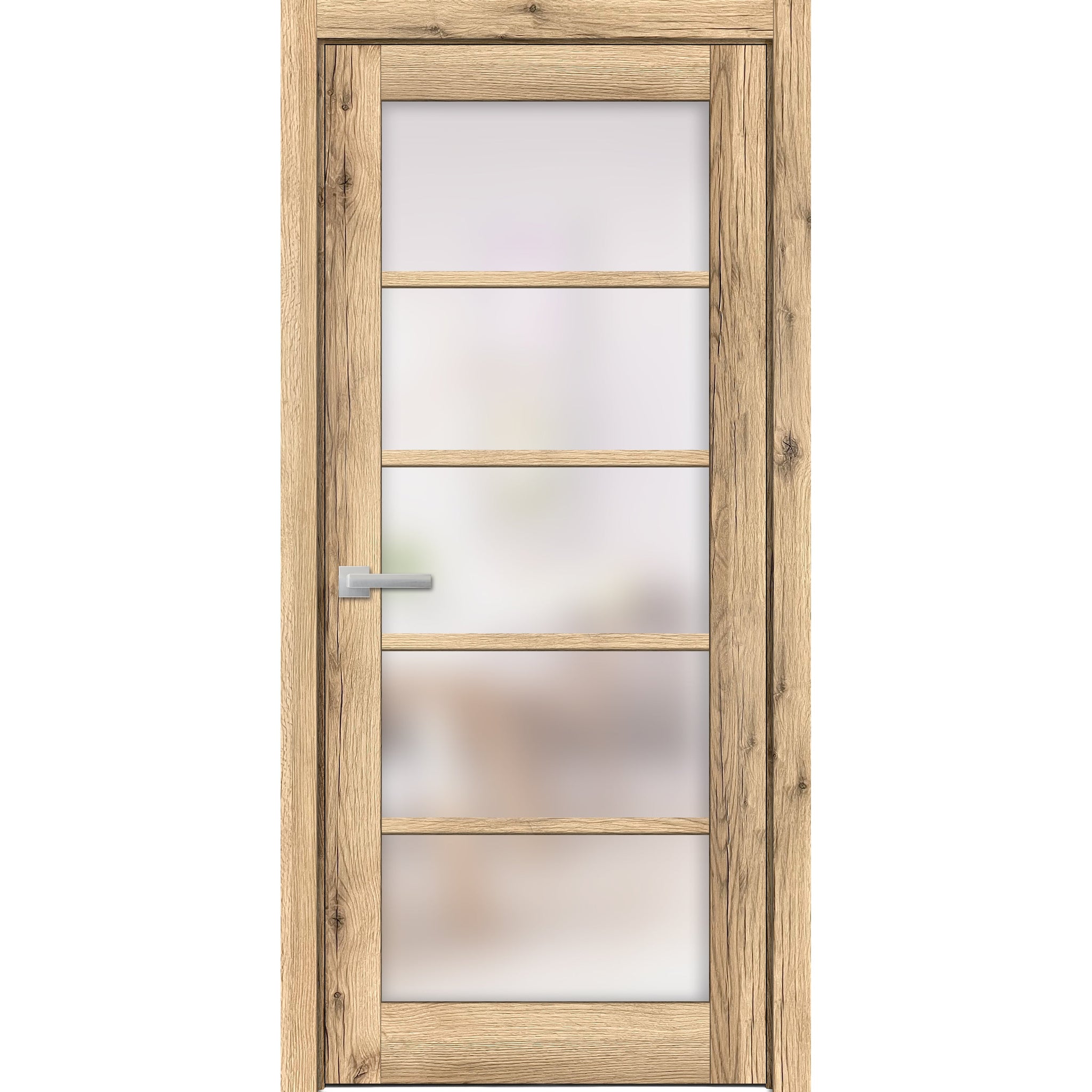 Solid French Door | Quadro 4002 Oak with Frosted Glass | Single Regular Panel Frame Trims Handle | Bathroom Bedroom Sturdy Doors