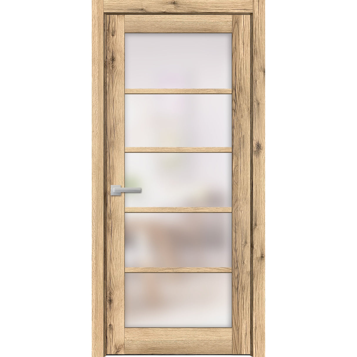 Solid French Door | Quadro 4002 Oak with Frosted Glass | Single Regular Panel Frame Trims Handle | Bathroom Bedroom Sturdy Doors