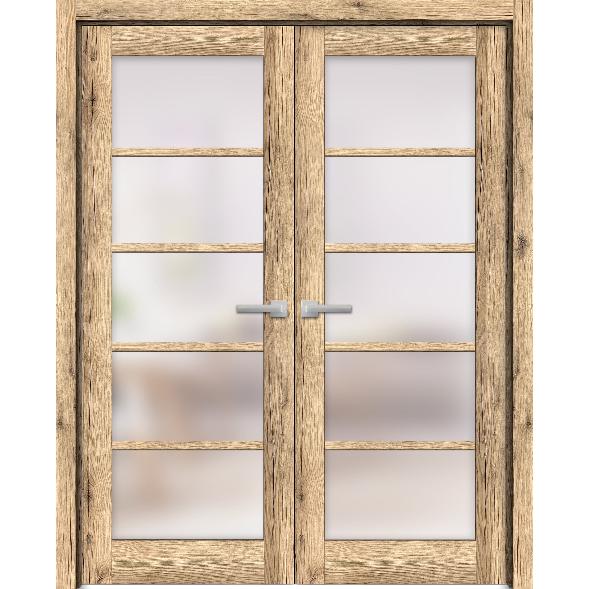 Solid French Double Doors | Quadro 4002 Oak with Frosted Glass | Wood Solid Panel Frame Trims | Closet Bedroom Sturdy Doors