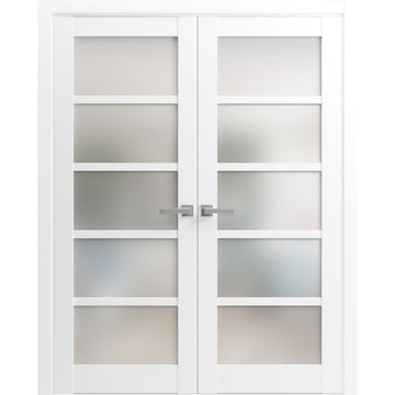 French Double Panel Lite Doors with Hardware | Quadro 4002 White Silk with Frosted Glass | Panel Frame Trims | Bathroom Bedroom Interior Sturdy Door