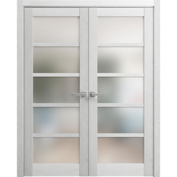 Solid French Double Doors | Quadro 4002 Light Grey Oak with Frosted Glass | Wood Solid Panel Frame Trims | Closet Bedroom Sturdy Doors