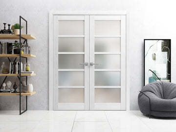 Solid French Double Doors | Quadro 4002 Nordic White with Frosted Glass | Wood Solid Panel Frame Trims | Closet Bedroom Sturdy Doors