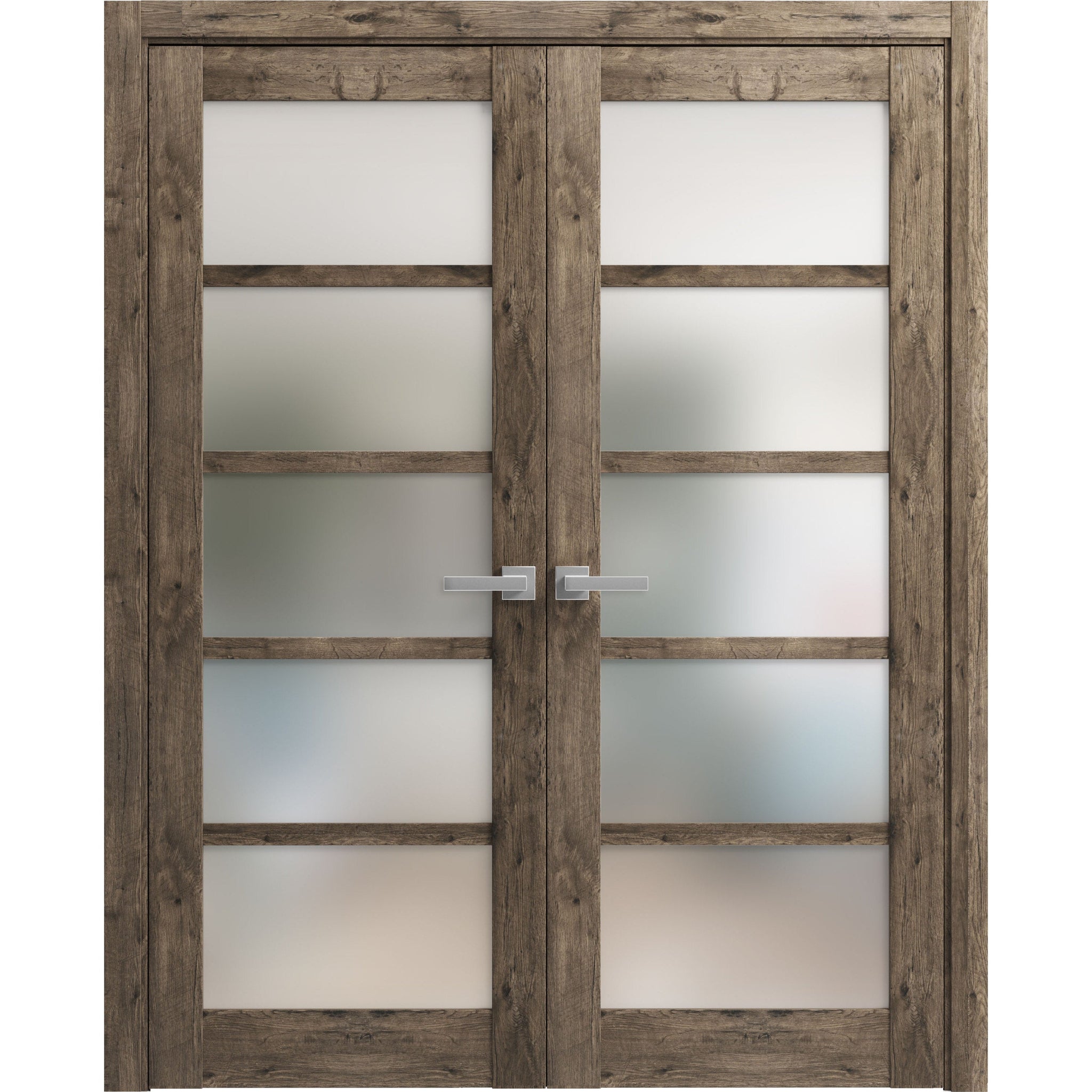 Solid French Double Doors | Quadro 4002 Cognac Oak with Frosted Glass | Wood Solid Panel Frame Trims | Closet Bedroom Sturdy Doors