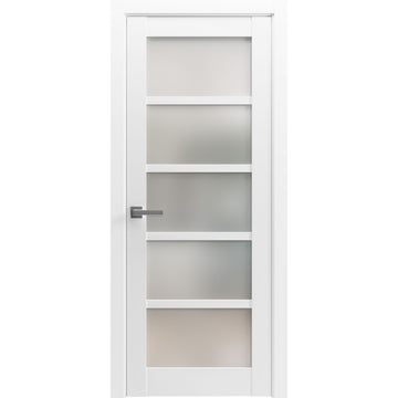 Solid Interior French | Quadro 4002 White Silk with Frosted Glass | Single Regular Panel Frame Trims Handle | Bathroom Bedroom Sturdy Doors