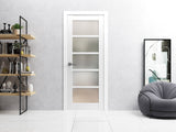 Solid Interior French | Quadro 4002 White Silk with Frosted Glass | Single Regular Panel Frame Trims Handle | Bathroom Bedroom Sturdy Doors