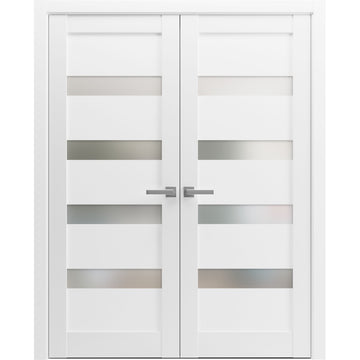 French Double Panel Lite Doors with Hardware | Quadro 4113 White Silk with Frosted Glass | Panel Frame Trims | Bathroom Bedroom Interior Sturdy Door