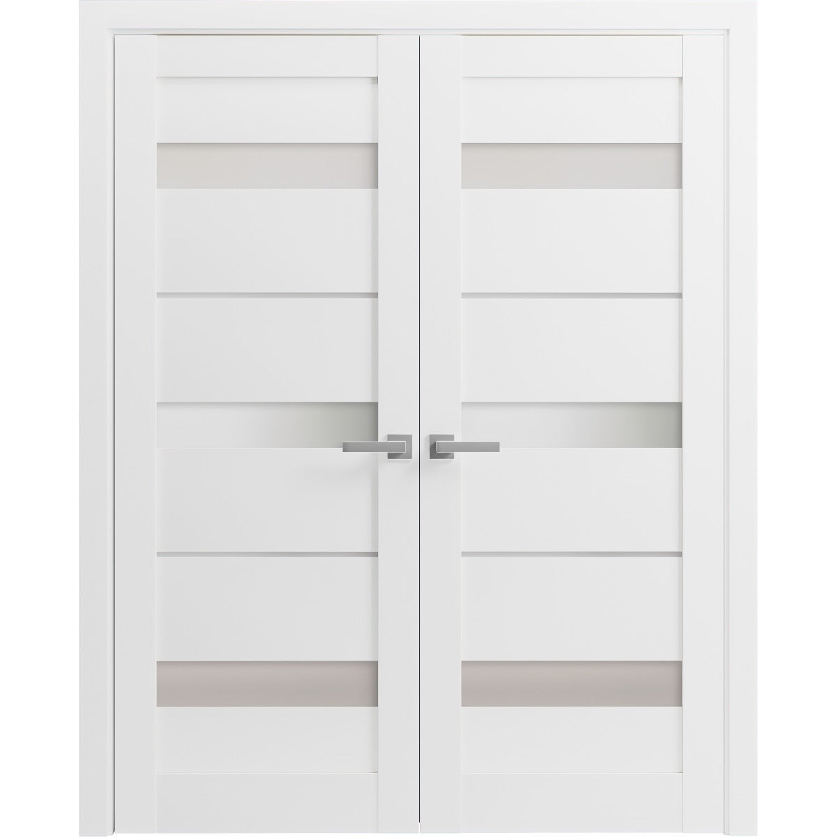 French Double Panel Lite Doors with Hardware | Quadro 4055 White Silk with Frosted Glass | Panel Frame Trims | Bathroom Bedroom Interior Sturdy Door