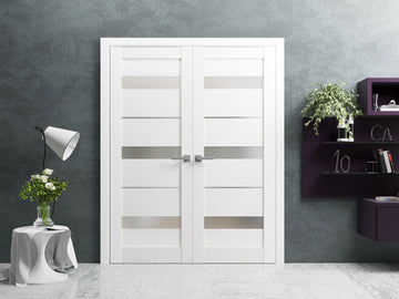 French Double Panel Lite Doors with Hardware | Quadro 4055 White Silk with Frosted Glass | Panel Frame Trims | Bathroom Bedroom Interior Sturdy Door