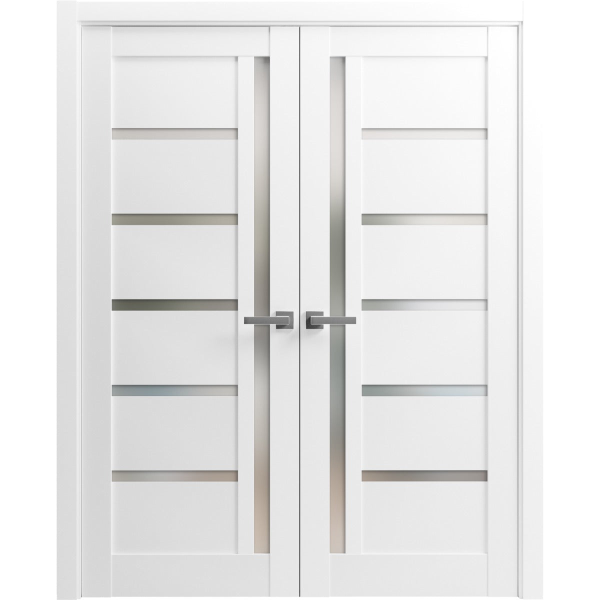 French Double Panel Lite Doors with Hardware | Quadro 4088 White Silk with Frosted Glass | Panel Frame Trims | Bathroom Bedroom Interior Sturdy Door