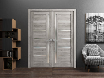 Solid French Double Doors | Quadro 4088 Nebraska Grey with Frosted Glass | Wood Solid Panel Frame Trims | Closet Bedroom Sturdy Doors