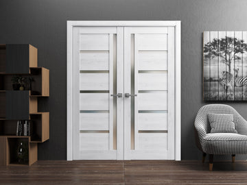 Solid French Double Doors | Quadro 4088 Nordic White with Frosted Glass | Wood Solid Panel Frame Trims | Closet Bedroom Sturdy Doors