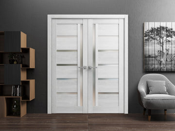 Solid French Double Doors | Quadro 4088 Light Grey Oak with Frosted Glass | Wood Solid Panel Frame Trims | Closet Bedroom Sturdy Doors