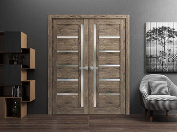 Solid French Double Doors | Quadro 4088 Cognac Oak with Frosted Glass | Wood Solid Panel Frame Trims | Closet Bedroom Sturdy Doors