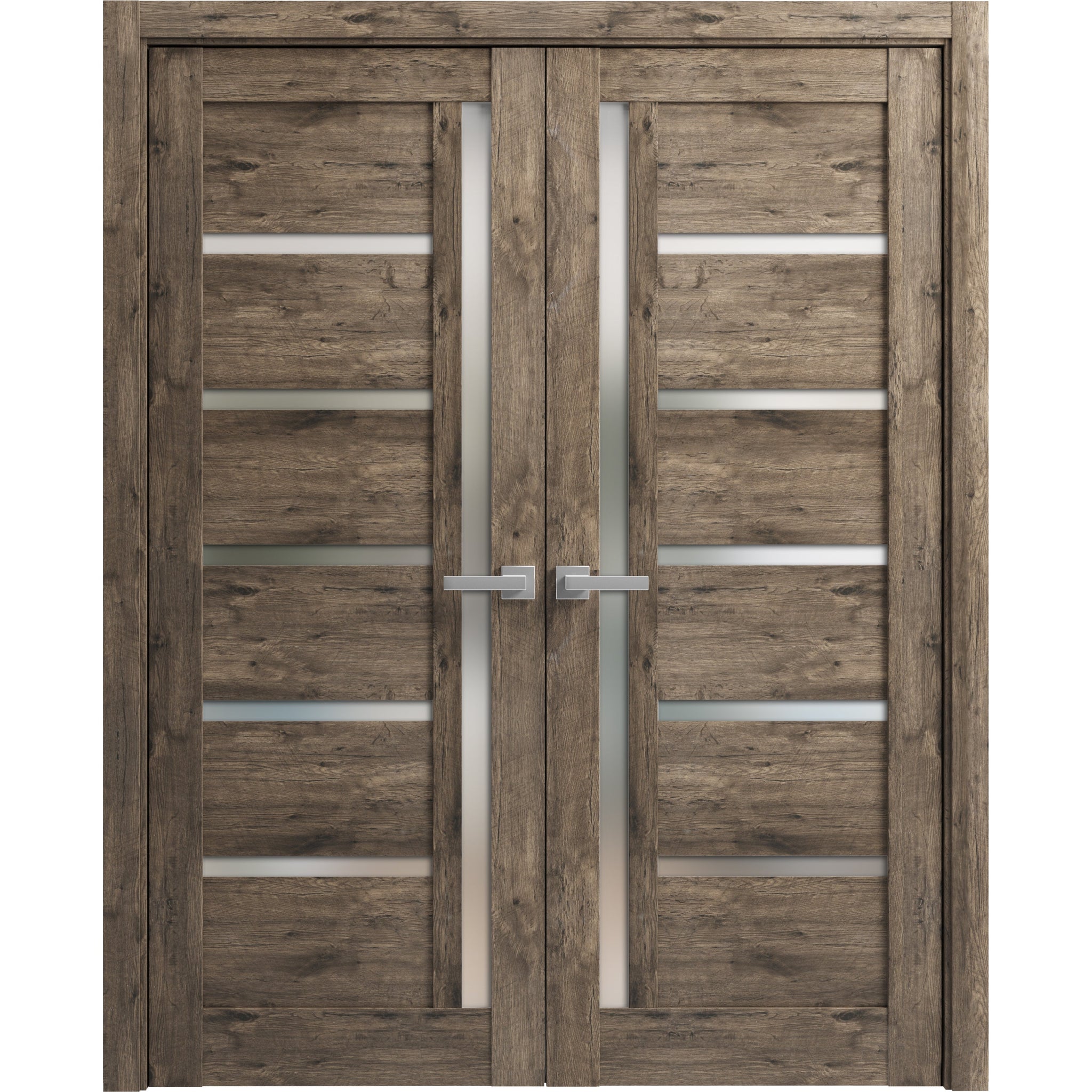 Solid French Double Doors | Quadro 4088 Cognac Oak with Frosted Glass | Wood Solid Panel Frame Trims | Closet Bedroom Sturdy Doors