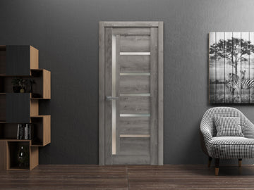 Solid French Door | Quadro 4088 Nebraska Grey with Frosted Glass | Single Regular Panel Frame Trims Handle | Bathroom Bedroom Sturdy Doors