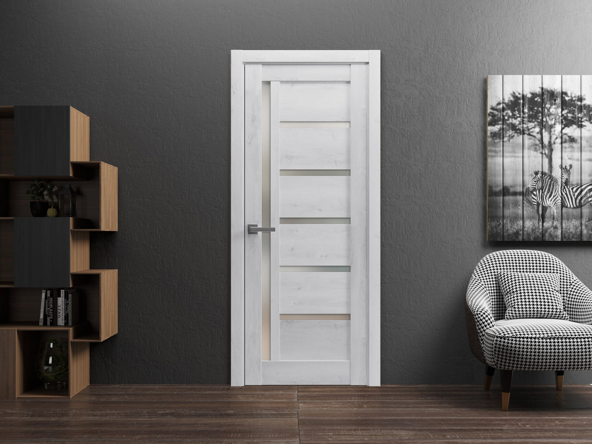 Solid French Door | Quadro 4088 Nordic White with Frosted Glass | Single Regular Panel Frame Trims Handle | Bathroom Bedroom Sturdy Doors