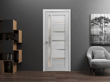 Solid French Door | Quadro 4088 Light Grey Oak with Frosted Glass | Single Regular Panel Frame Trims Handle | Bathroom Bedroom Sturdy Doors