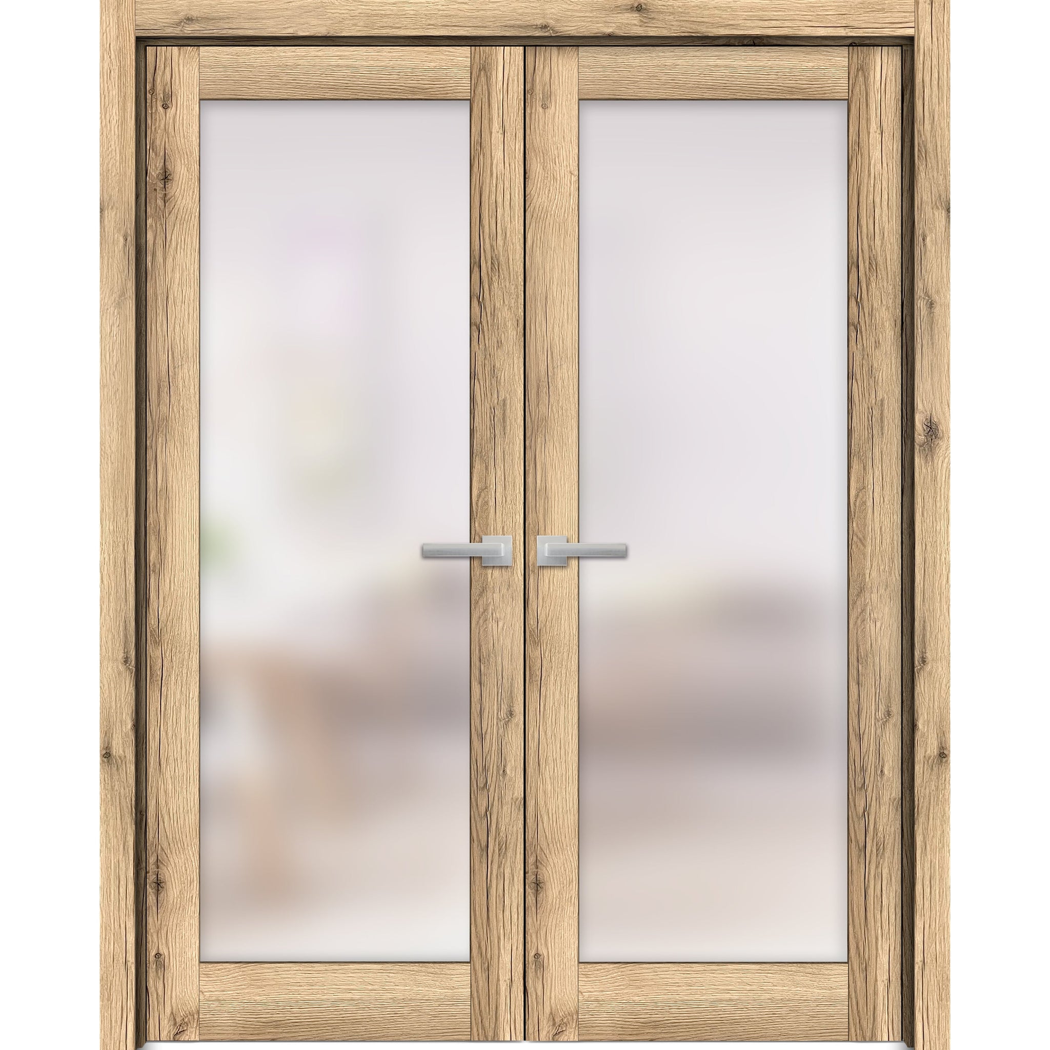 Solid French Double Doors | Planum 2102 Oak with Frosted Glass | Wood Solid Panel Frame Trims | Closet Bedroom Sturdy Doors