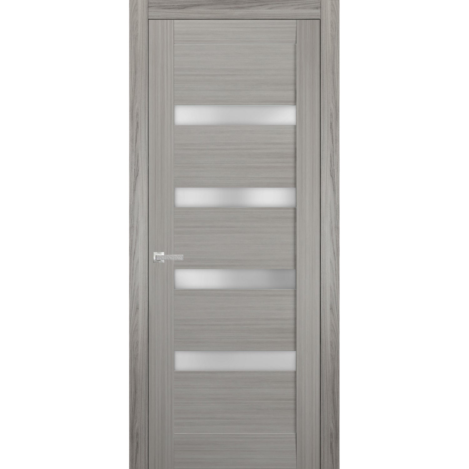 Solid Interior French | Quadro 4113 Grey Ash with Frosted Glass | Single Regular Panel Frame Trims Handle | Bathroom Bedroom Sturdy Doors