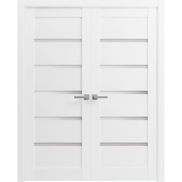 French Double Panel Lite Doors with Hardware | Quadro 4117 White Silk with Frosted Glass | Panel Frame Trims | Bathroom Bedroom Interior Sturdy Door