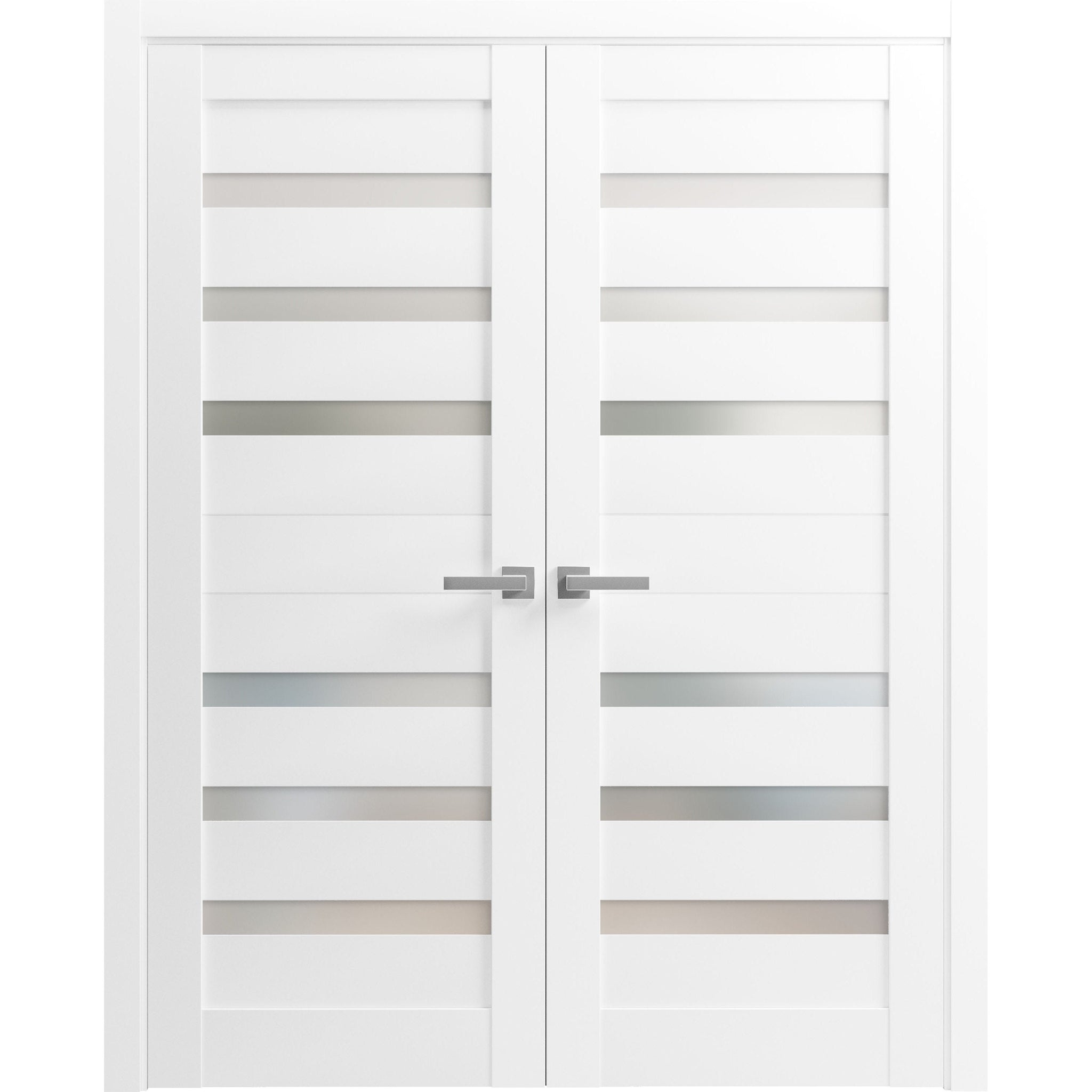 Solid French Double Doors | Quadro 4266 White Silk with Frosted Glass | Wood Solid Panel Frame Trims | Closet Bedroom Sturdy Doors