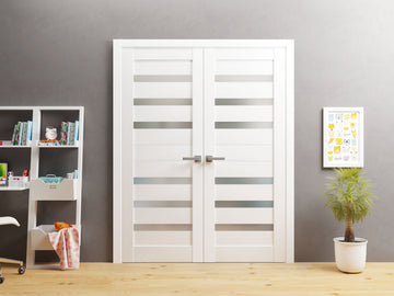 Solid French Double Doors | Quadro 4266 White Silk with Frosted Glass | Wood Solid Panel Frame Trims | Closet Bedroom Sturdy Doors
