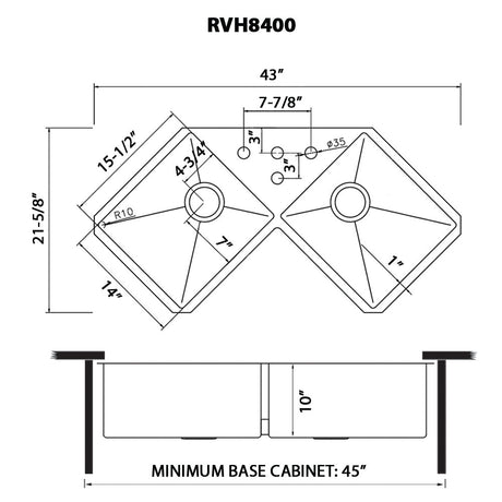 44 Inch Corner Butterfly Undermount Kitchen Sink 16 Gauge Double Bowl Sink - BUILDMYPLACE