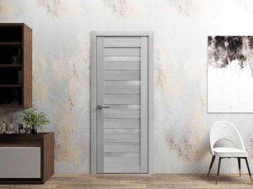 Solid French Door | Quadro 4445 Light Grey Oak with Frosted Glass | Single Regular Panel Frame Trims Handle | Bathroom Bedroom Sturdy Doors