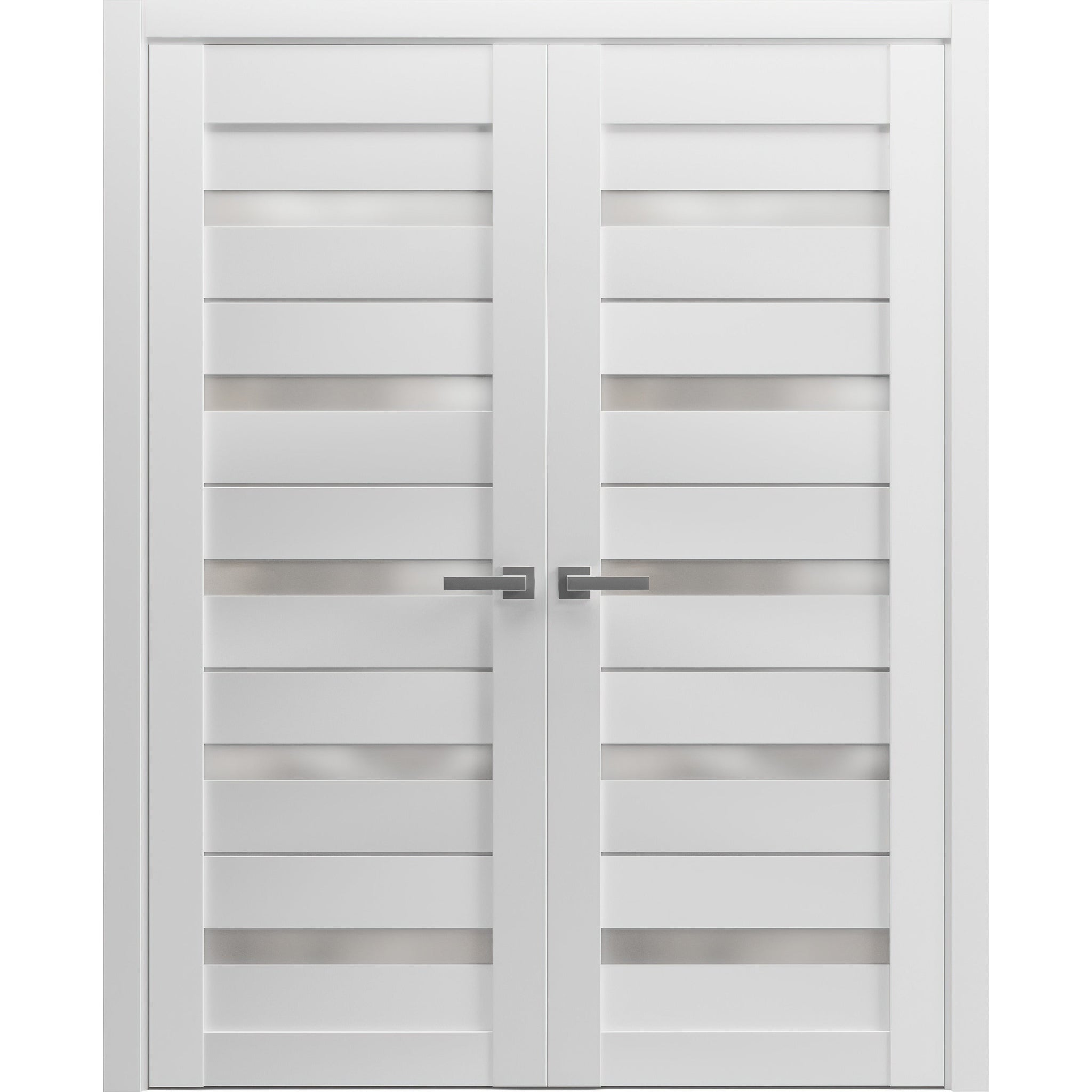 Solid French Double Doors | Quadro 4445 White Silk with Frosted Glass | Wood Solid Panel Frame Trims | Closet Bedroom Sturdy Doors