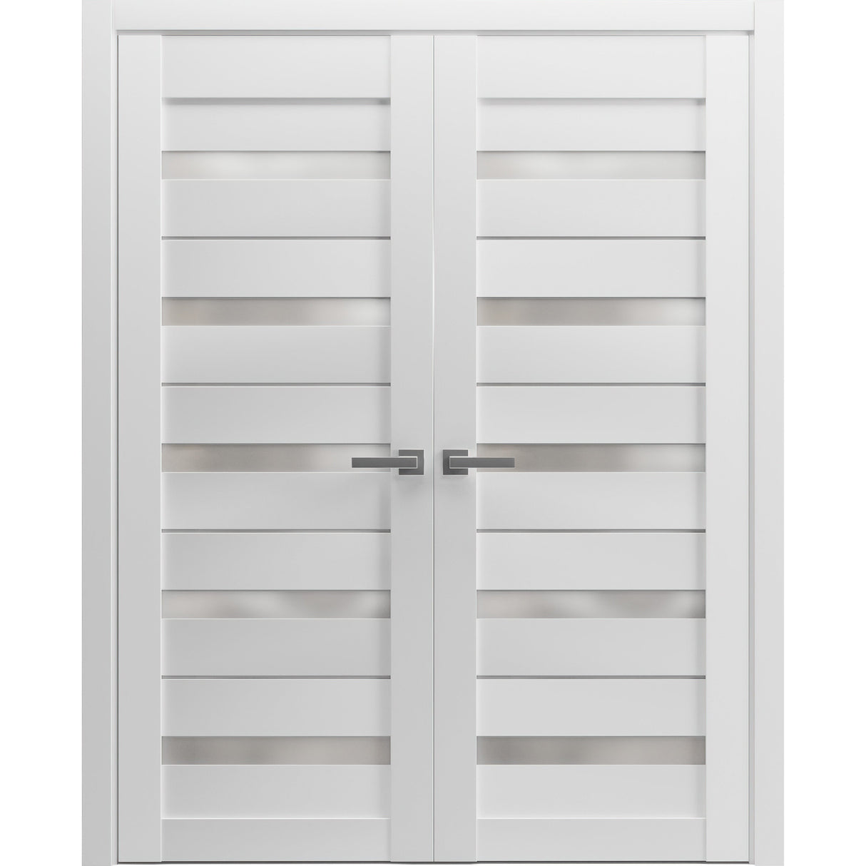 Solid French Double Doors | Quadro 4445 White Silk with Frosted Glass | Wood Solid Panel Frame Trims | Closet Bedroom Sturdy Doors