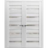 Solid French Double Doors | Quadro 4445 White Silk with Frosted Glass | Wood Solid Panel Frame Trims | Closet Bedroom Sturdy Doors