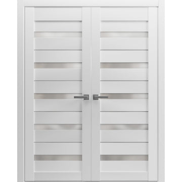Solid French Double Doors | Quadro 4445 White Silk with Frosted Glass | Wood Solid Panel Frame Trims | Closet Bedroom Sturdy Doors