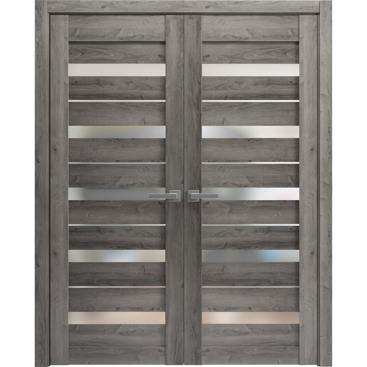 Solid French Double Doors | Quadro 4445 Nebraska Grey with Frosted Glass | Wood Solid Panel Frame Trims | Closet Bedroom Sturdy Doors