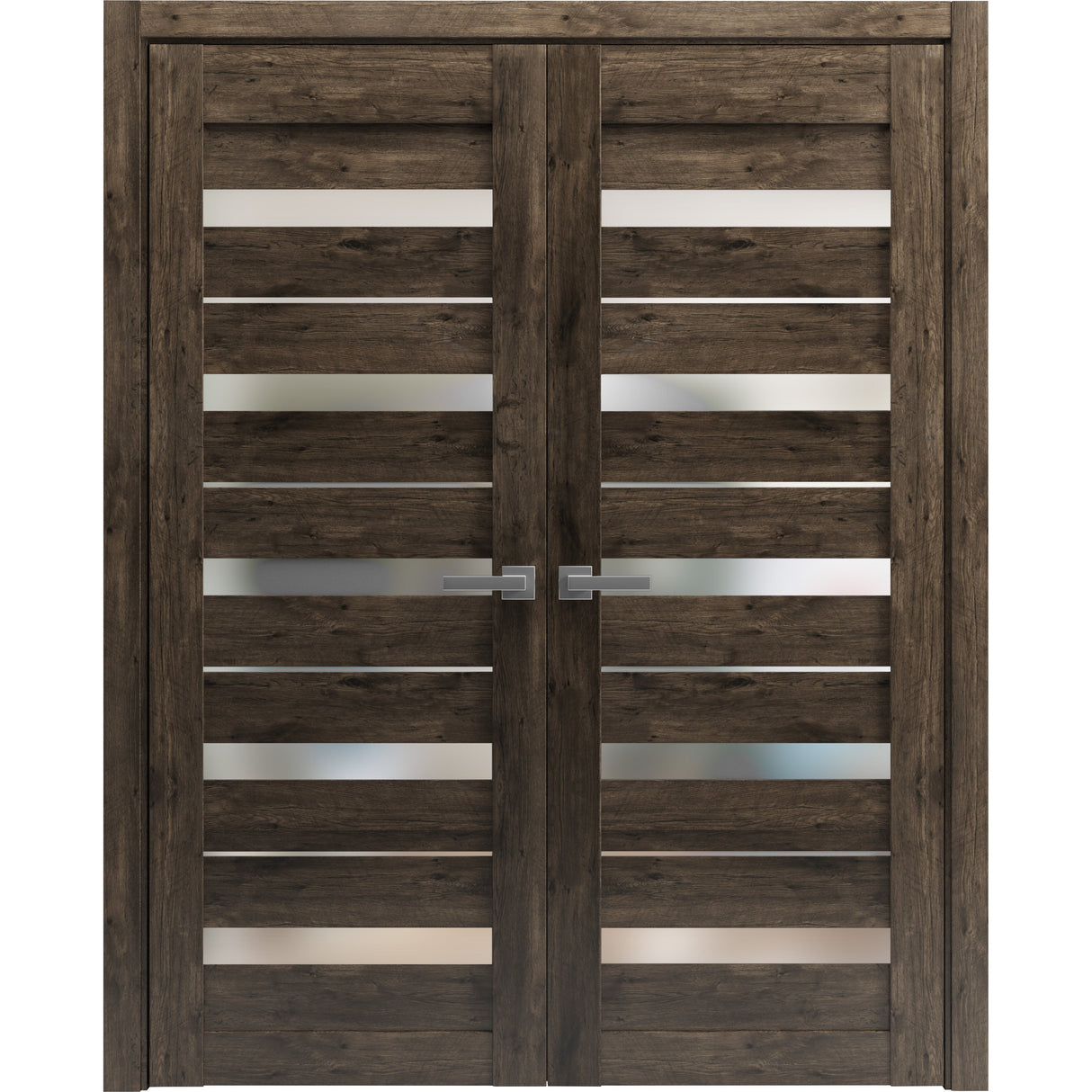 Solid French Double Doors | Quadro 4445 Cognac Oak with Frosted Glass | Wood Solid Panel Frame Trims | Closet Bedroom Sturdy Doors