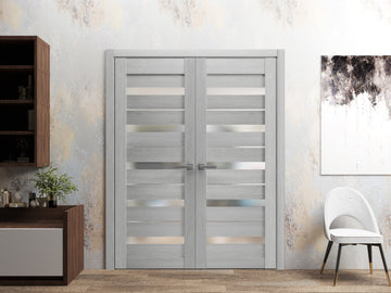 Solid French Double Doors | Quadro 4445 Light Grey Oak with Frosted Glass | Wood Solid Panel Frame Trims | Closet Bedroom Sturdy Doors