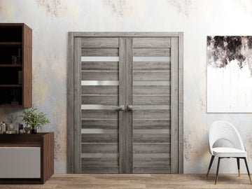 Solid French Double Doors | Quadro 4445 Nebraska Grey with Frosted Glass | Wood Solid Panel Frame Trims | Closet Bedroom Sturdy Doors