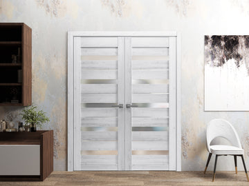 Solid French Double Doors | Quadro 4445 Nordic White with Frosted Glass | Wood Solid Panel Frame Trims | Closet Bedroom Sturdy Doors