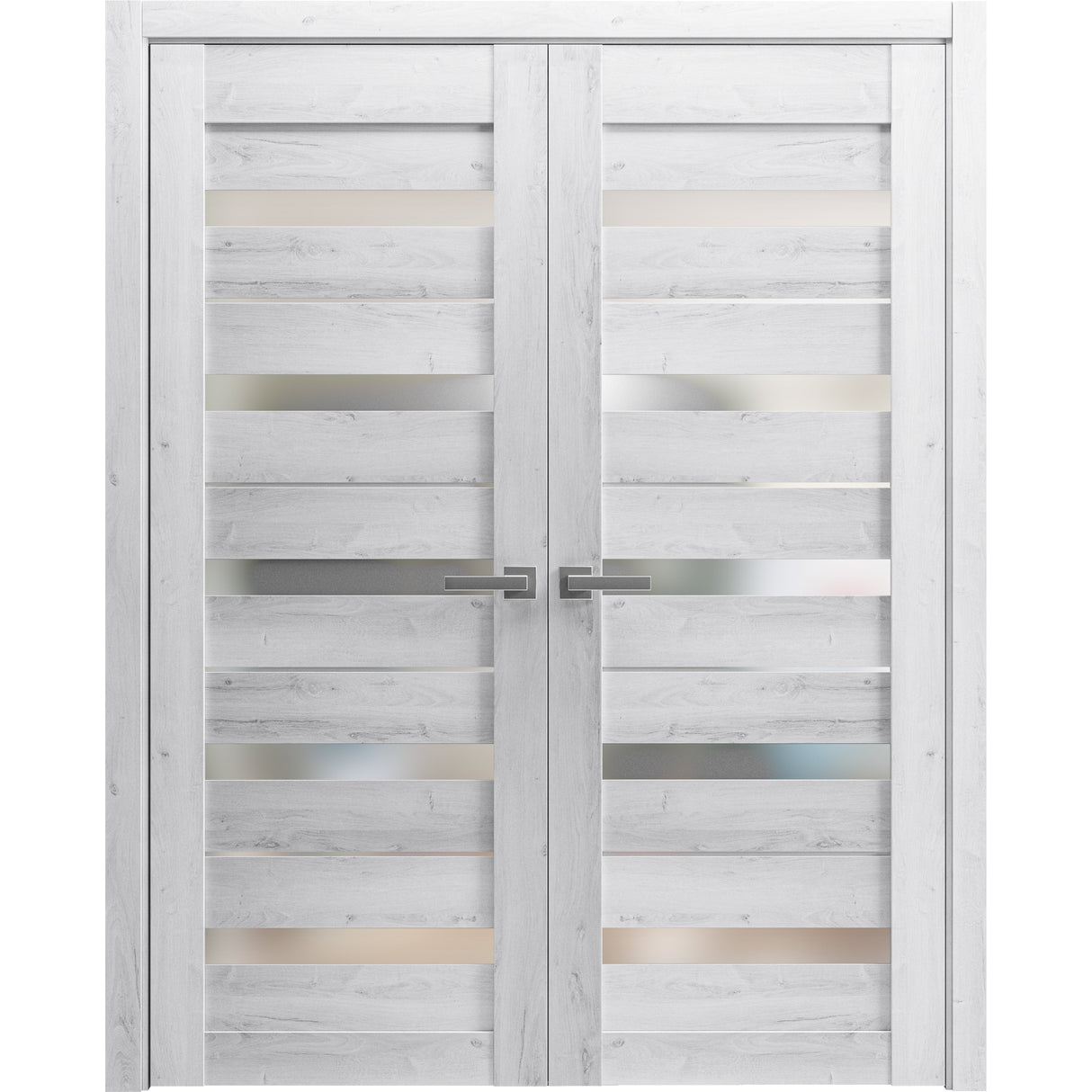 Solid French Double Doors | Quadro 4445 Nordic White with Frosted Glass | Wood Solid Panel Frame Trims | Closet Bedroom Sturdy Doors