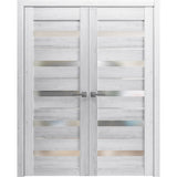 Solid French Double Doors | Quadro 4445 Nordic White with Frosted Glass | Wood Solid Panel Frame Trims | Closet Bedroom Sturdy Doors