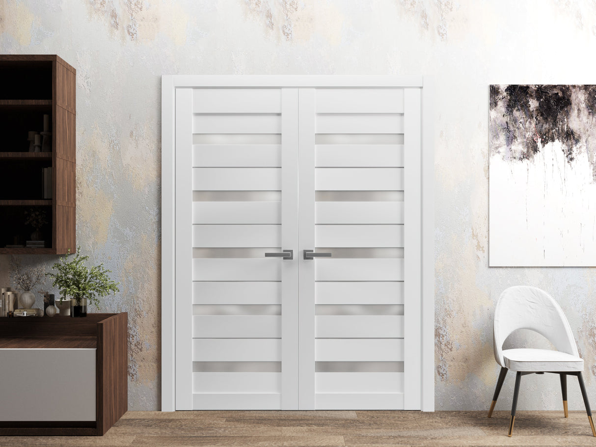 Solid French Double Doors | Quadro 4445 White Silk with Frosted Glass | Wood Solid Panel Frame Trims | Closet Bedroom Sturdy Doors