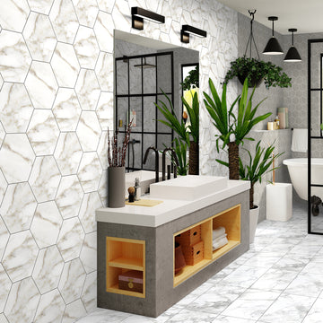 6 In Hexagon La Marca Calacatta Polished Glazed Porcelain Mosaic Tile