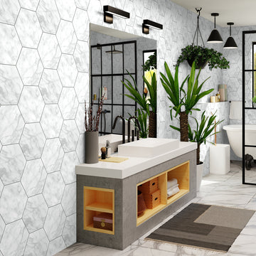 6 In Hexagon La Marca Carrara Polished Glazed Porcelain Mosaic Tile