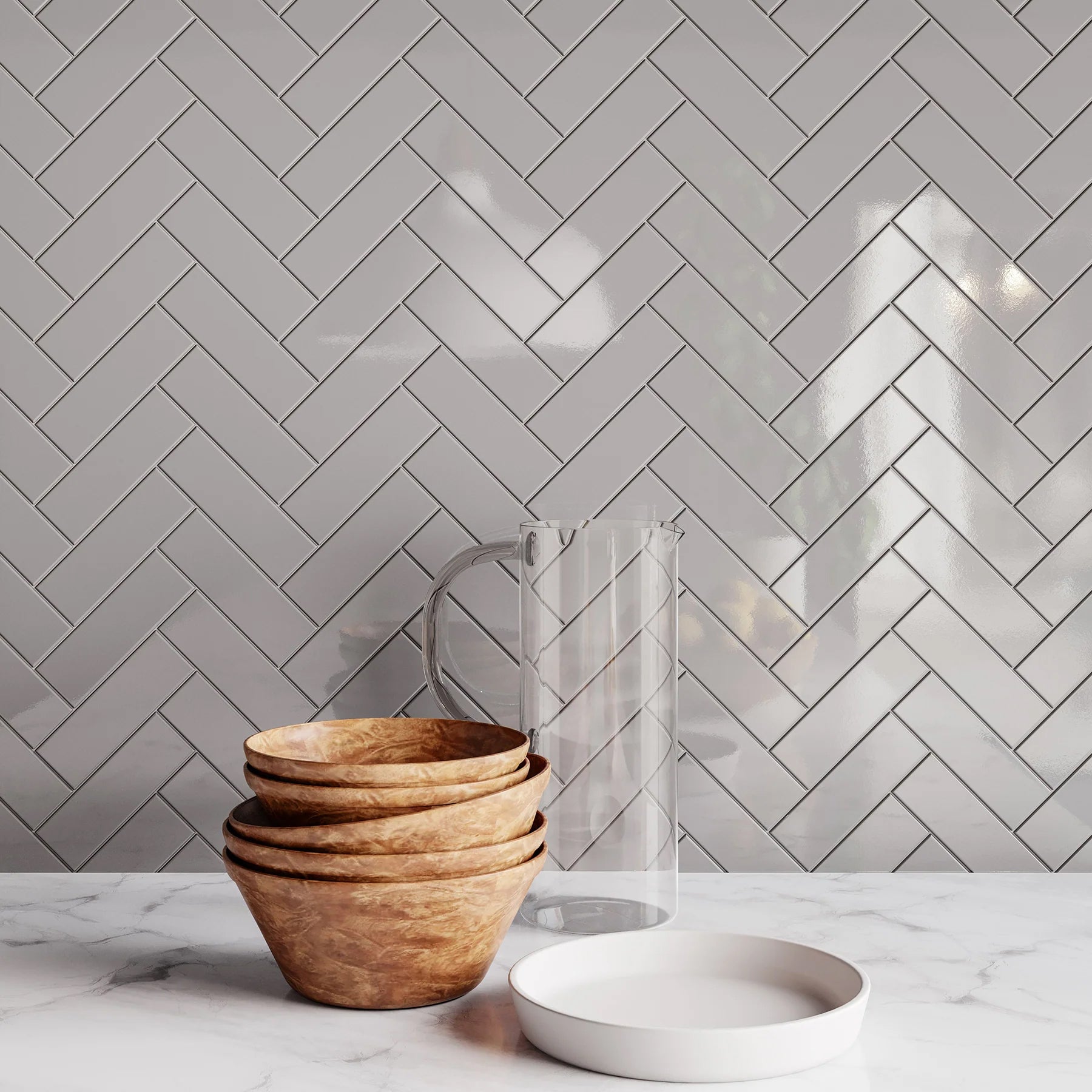 2 X 6 In Herringbone Soho Vintage Grey Glossy Glazed Porcelain Mosaic