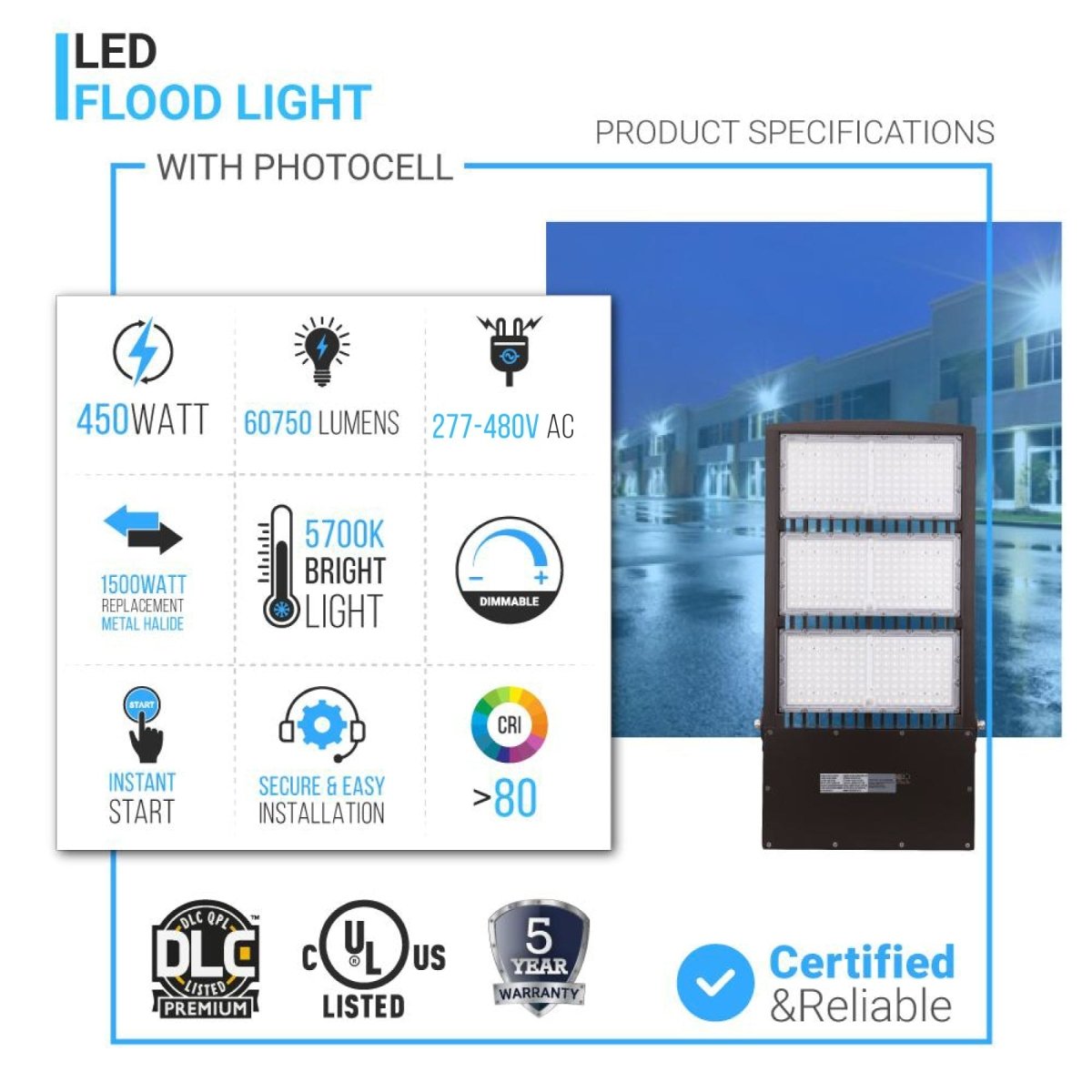 450W LED High Output Flood Light With Photocell, 5700K, AC277 - 480V High Voltage, Dusk to Dawn Security Light, IP65, Bronze, With 20KV Surge Protector, For Garden Yard Parking Lot Stadium Arena Lighting Fixture - BUILDMYPLACE