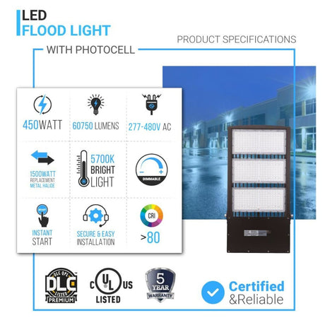 450W LED High Output Flood Light With Photocell, 5700K, AC277 - 480V High Voltage, Dusk to Dawn Security Light, IP65, Bronze, With 20KV Surge Protector, For Garden Yard Parking Lot Stadium Arena Lighting Fixture - BUILDMYPLACE