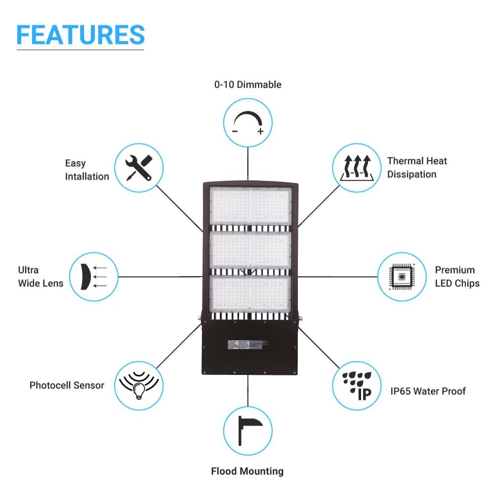 450W LED High Output Flood Light With Photocell, 5700K, AC277 - 480V High Voltage, Dusk to Dawn Security Light, IP65, Bronze, With 20KV Surge Protector, For Garden Yard Parking Lot Stadium Arena Lighting Fixture - BUILDMYPLACE
