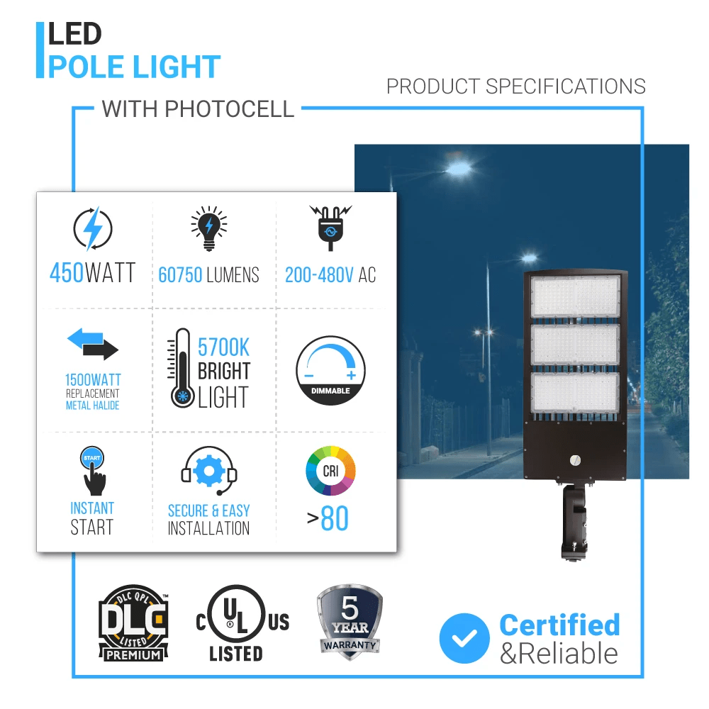450W LED Pole Light with Dusk to Dawn Photocell, 5700K, High Voltage AC277 - 480V, Universal Mount Bronze, With 20KV Surge Protector, IP65 Waterproof, LED Parking Lot Lights - Outdoor Commercial Area Street Lighting, Gen14 - BUILDMYPLACE