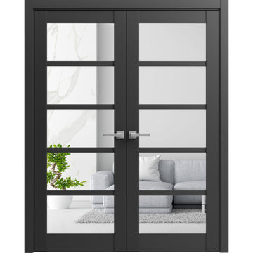 French Double Panel Lite Doors with Hardware | Quadro 4522 Matte Black with Clear Glass | Panel Frame Trims | Bathroom Bedroom Interior Sturdy Door